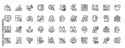 Business and time management line icon set. Vector pictograms of clock, calendar, report, handshake, and team, thin linear illustration.