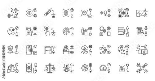 Technology and security line icon set. Vector pictograms of fingerprint scan, data protection, biometrics, and renewable energy, thin linear illustration.