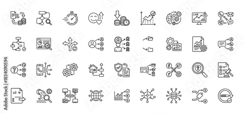 Business and finance line icon set. Vector pictograms of data analysis, problem solving, decision making, and process flow, thin linear illustration.
