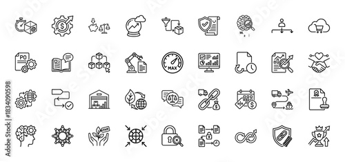 Business and supply chain line icon set. Vector pictograms of machine learning, cloud storage, logistics, and data analysis, thin linear illustration.