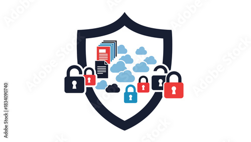 Flat cybersecurity illustration with shield icon protecting files and cloud data, ideal for digital safety education, IT security campaigns, and online protection content