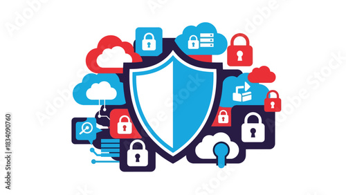 Flat cybersecurity illustration with shield icon protecting files and cloud data, ideal for digital safety education, IT security campaigns, and online protection content