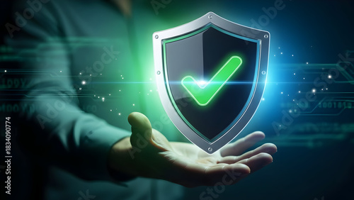 Cybersecurity Concept Hand Holding Shield with Check Mark, Illustrating Protection and Security Measures