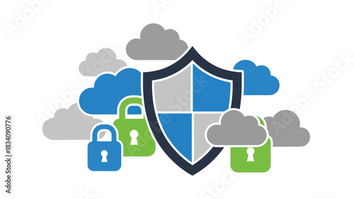 Flat cybersecurity illustration with shield icon protecting files and cloud data, ideal for digital safety education, IT security campaigns, and online protection content