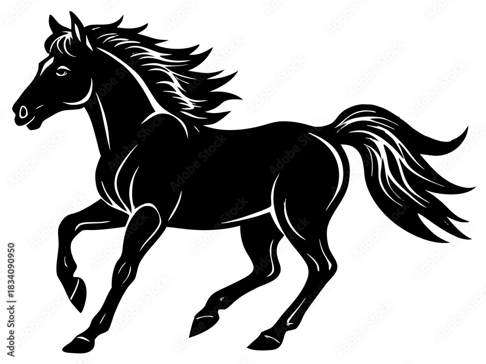Obraz premium Stylized black silhouette of a galloping horse with flowing mane and tail