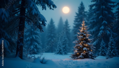 enchanted winter forest at night, glowing moonlight, sparkling snow falling, soft blue tones, magical atmosphere, subtle Christmas vibe, detailed pine trees covered in snow, dreamy depth of field, 4k 