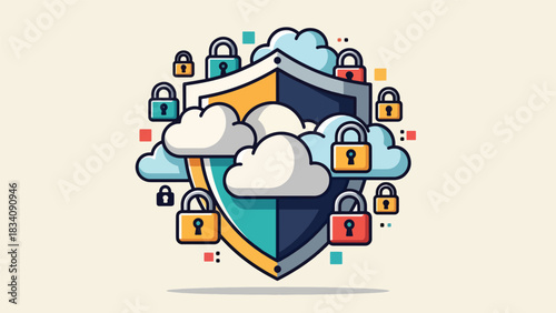 Flat cybersecurity illustration with shield icon protecting files and cloud data, ideal for digital safety education, IT security campaigns, and online protection content
