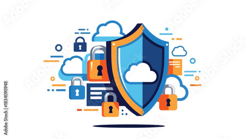 Flat cybersecurity illustration with shield icon protecting files and cloud data, ideal for digital safety education, IT security campaigns, and online protection content