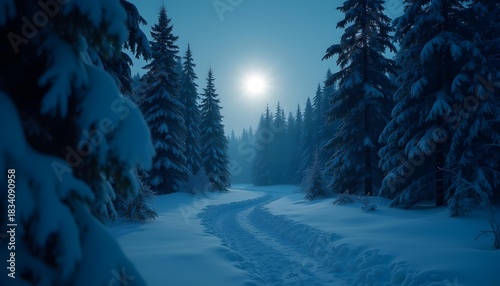 enchanted winter forest at night, glowing moonlight, sparkling snow falling, soft blue tones, magical atmosphere, subtle Christmas vibe, detailed pine trees covered in snow, dreamy depth of field, 4k 