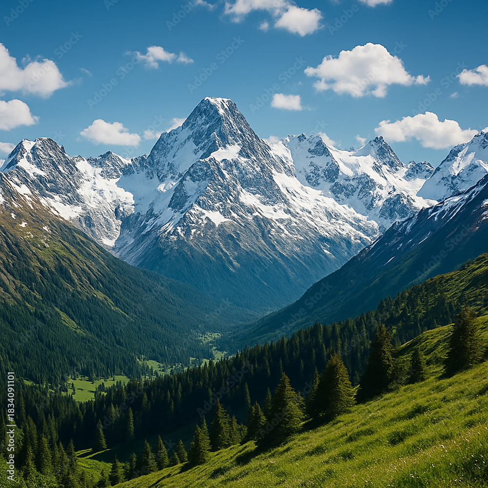 Obraz premium Majestic Snow-Capped Mountains With Lush Green Valleys
