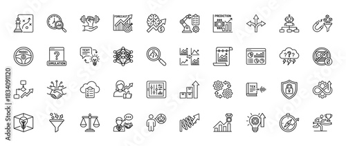 Artificial intelligence line icon set. vector pictograms of machine learning, big data, analysis, and automation, thin linear illustration.