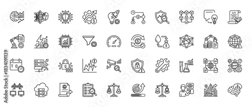 Technology and data line icon set. Vector pictograms of artificial intelligence, blockchain, security, and computing, thin linear illustration.