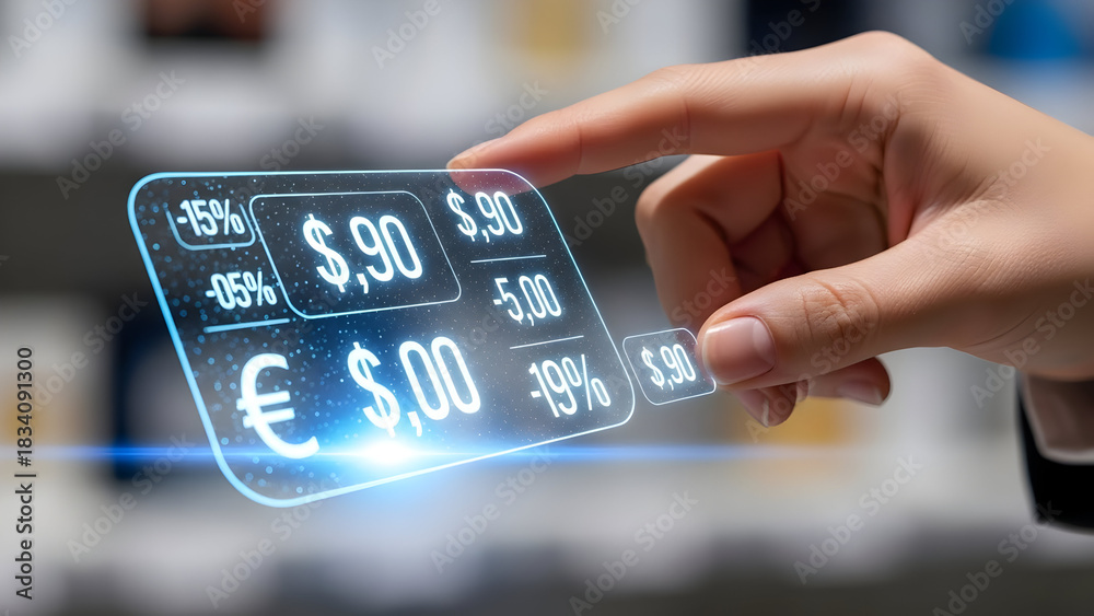 Obraz premium Futuristic holographic display showing prices and currency symbols in a modern setting