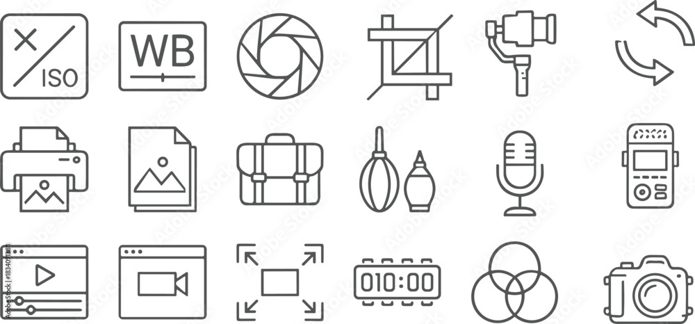 Fototapeta premium Minimalist photography and videography icon set featuring camera settings, editing tools, equipment, media production symbols, and creative elements for modern digital design