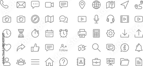 Minimalist communication, navigation, media, social interaction, productivity, and interface icon set designed for modern apps, digital platforms, user experience tools, and web design