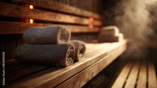 Close-up of sauna interior, wooden benches with towels, gentle steam, warm glowing light, serene and inviting atmosphere, minimalistic spa aesthetic, high-resolution, cozy wellness mood. 
