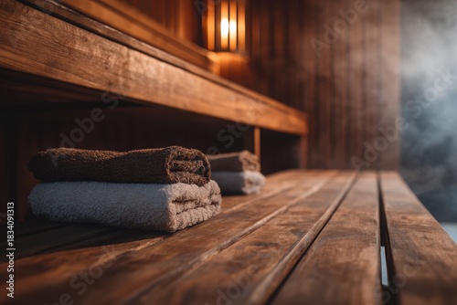Close-up of sauna interior, wooden benches with towels, gentle steam, warm glowing light, serene and inviting atmosphere, minimalistic spa aesthetic, high-resolution, cozy wellness mood. 