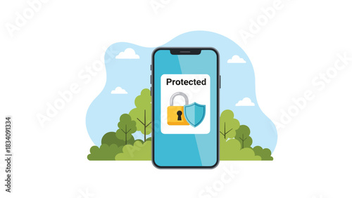 Flat vector secure mobile banking scene with shield icon and verified payment, ideal for fintech safety content and financial cyber protection visuals