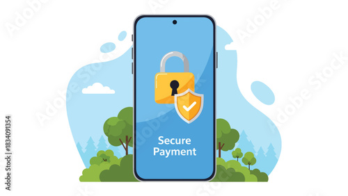 Flat vector secure mobile banking scene with shield icon and verified payment, ideal for fintech safety content and financial cyber protection visuals