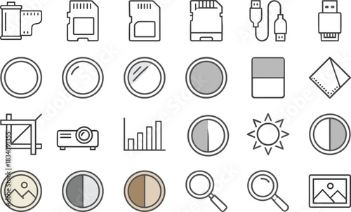 Minimalist photography accessories and editing tool icon set featuring filters, memory cards, cables, lenses, cropping tools, brightness adjustments, magnifiers, and digital media elements