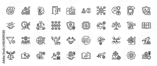 Business and technology line icon set. Vector pictograms of finance, analytics, quantum computing, and security, thin linear illustration.