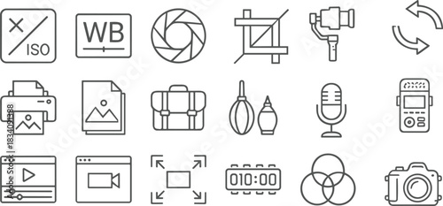 Minimalist photography and videography icon set featuring camera settings, editing tools, equipment, media production symbols, and creative elements for modern digital design