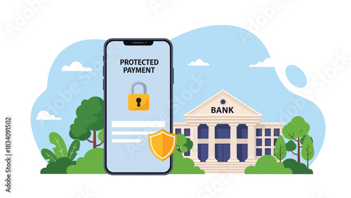 Flat vector secure mobile banking scene with shield icon and verified payment, ideal for fintech safety content and financial cyber protection visuals