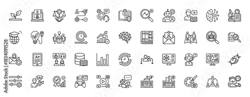 Education and learning line icon set. Vector pictograms of graduation cap, brain, microscope, books, and development, thin linear illustration.