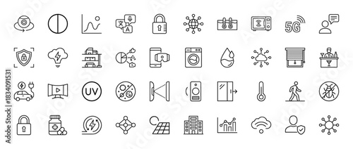Smart home and internet of things line icon set. Vector pictograms of security, automation, and connection, thin linear illustration.