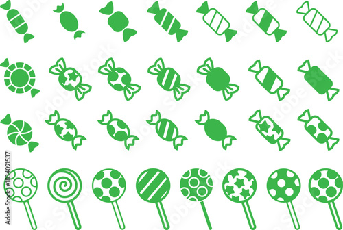 Candy sweets icon set collection group in colorful flat line style featuring confection, dessert, treat, bonbon, sugar, snack and related synonym elements for holiday graphics, packaging, party design