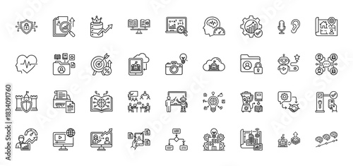 Business and technology line icon set. vector pictograms of security, data analysis, strategy, innovation, and learning, thin linear illustration.