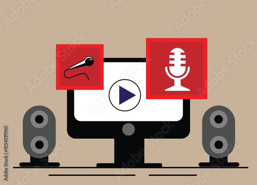 Watching Audio Podcasts and Music Videos on Desktop Computer. Technology and mass media vector art, surfing internet and online entertainment