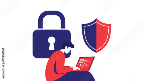 Flat vector developer writing secure code with encrypted lock icons, ideal for tech training, programming education, and cybersecurity development topics