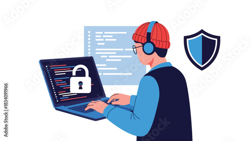Flat vector developer writing secure code with encrypted lock icons, ideal for tech training, programming education, and cybersecurity development topics