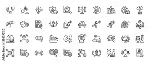 Artificial intelligence, machine learning, and ethics line icon set. Vector pictograms of cybersecurity, law, data analysis, and robotics, thin linear illustration.