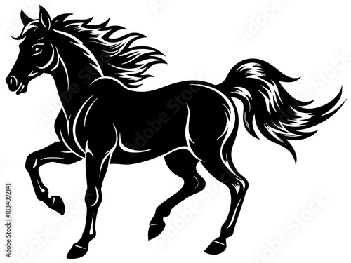 Stylized black horse silhouette galloping with flowing mane and tail