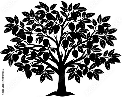 Black silhouette of a fruit tree laden with ripe fruit and leaves