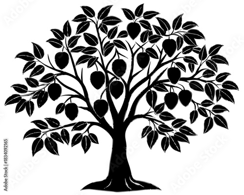 Black silhouette of a fruit tree with leaves and ripe fruits