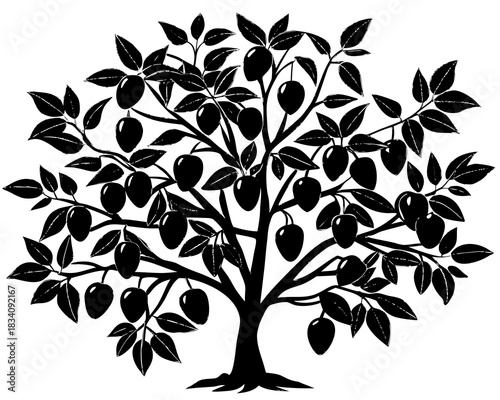 Black silhouette of a fruit tree with ripe plums and leaves