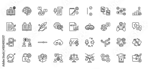 Education and technology line icon set. Vector pictograms of research, virtual reality, customer support, and artificial intelligence, thin linear illustration.