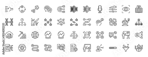Artificial intelligence and machine learning line icon set. Vector pictograms of neural networks, data mining, and smart algorithms, thin linear illustration.