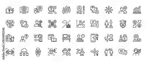 Education and business line icon set. Vector pictograms of learning, strategy, innovation, and career development, thin linear illustration.