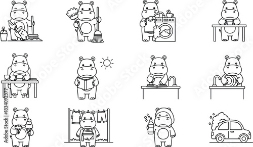 Cute hippo character doing daily household activities in black and white outline style, adorable animal chores illustration for kids coloring page, flat vector illustration