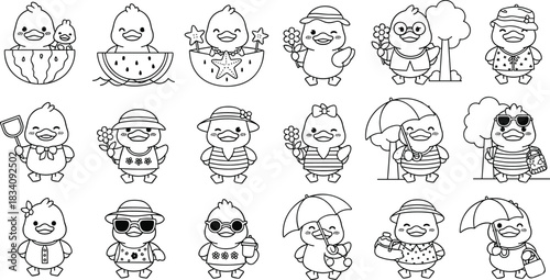 Cute summer duck characters in various holiday activities, adorable cartoon line art collection for coloring pages and kids designs – flat vector illustration