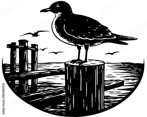 Seagull perched on a wooden post overlooking the ocean with a pier and flying birds