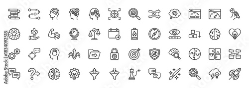 Business and education line icon set. Vector pictograms of decision-making, development, logic, strategy, and idea, thin linear illustration.