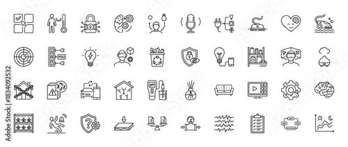 Smart technology and internet of things line icon set. Vector pictograms of security, automation, health, and data, thin linear illustration.