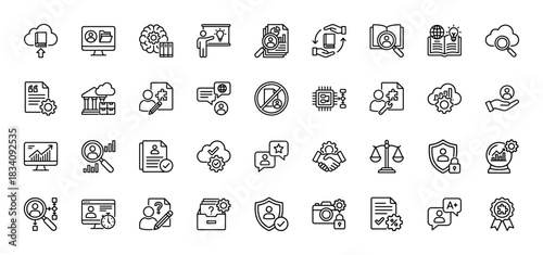 Knowledge and data management line icon set. Vector pictograms of research, security, cloud computing, and user profiles, thin linear illustration.