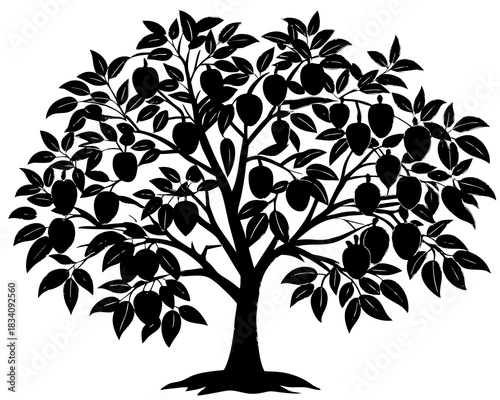Silhouette of a fruit tree with ripe mangoes and leaves