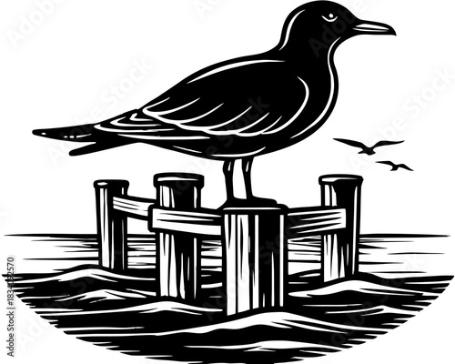 Seagull perched on a pier with flying birds and ocean waves